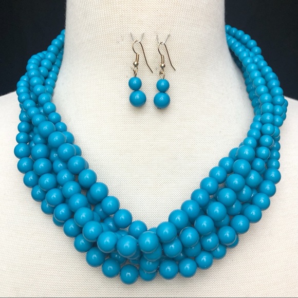 Bright Aqua Blue Beaded Necklace Earrings Set - Picture 2 of 5